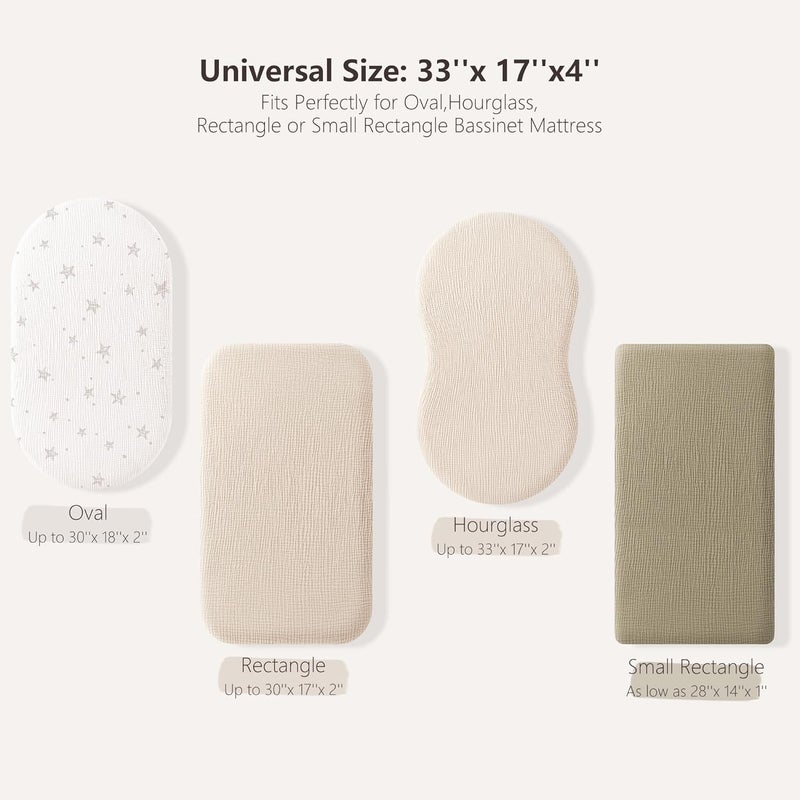 Bearmoss Bassinet Sheets - 2 Pack Muslin Cotton Bassinet Sheets Fits Oval and Rectangle Bassinet Mattress, Breathable and Skin-Friendly for Baby Boy and Girl (Cream&Olive Green) - Image 2